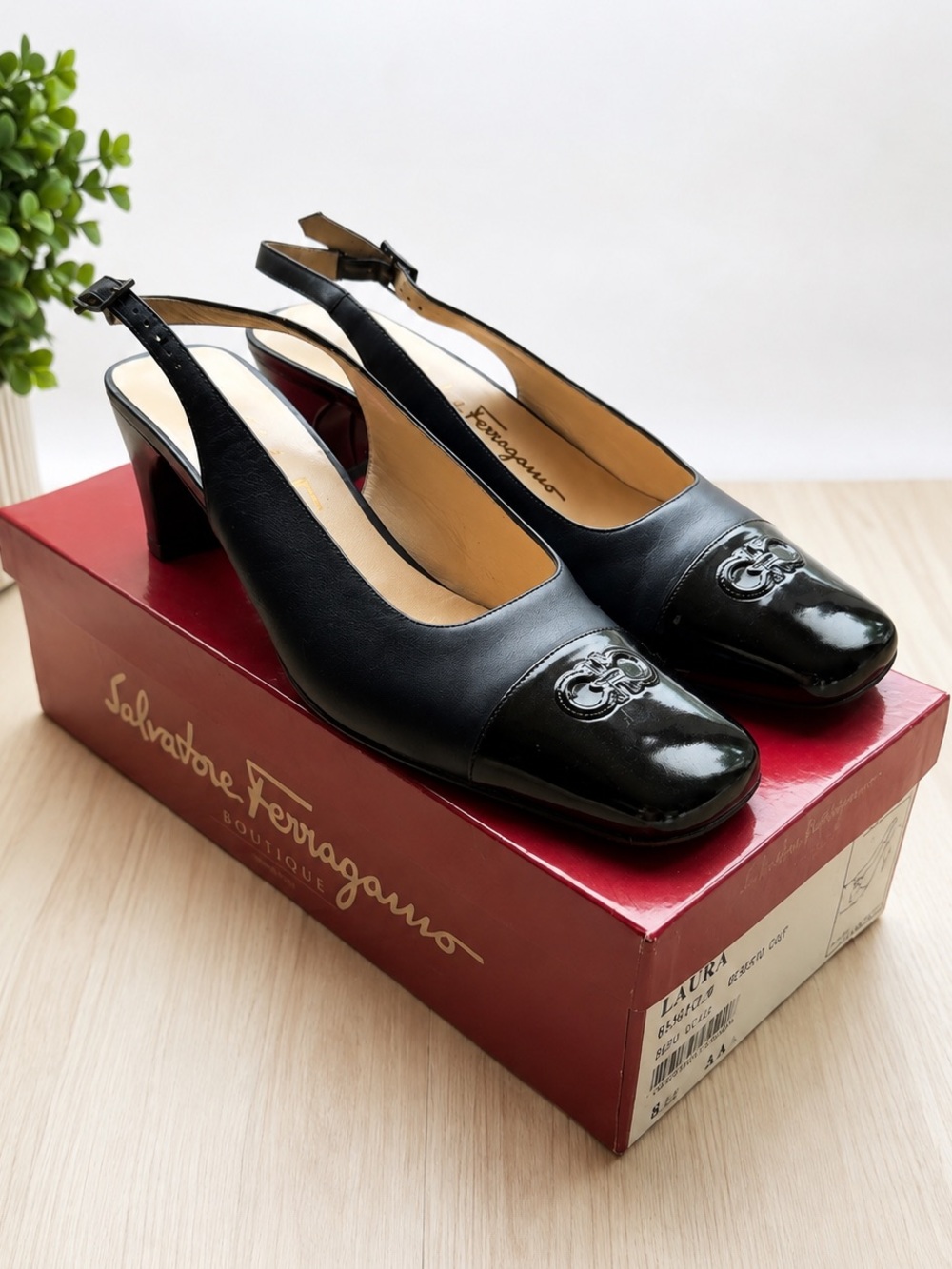 Salvatore Ferragamo Black Leather & Patent Slingback Pumps